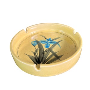 Vintage Stoneware Ashtray – Mustard Yellow with Floral Design – Retro Boho Ceramic Dish, Made in Korea