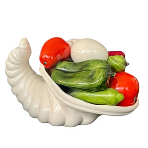 Vintage Ceramic Cornucopia with Vegetables & Egg – Midcentury Harvest Decor, Thanksgiving Collectible