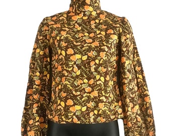 Vintage 1940s Blouse – Fall Print in Brown & Orange, XS/S, High Neck, Puffy Sleeves, Handmade with Metal Zipper