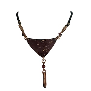 Vintage Hand-Made Coconut Necklace – Boho Tribal Style – Polished Brown Coconut Pendant – Natural Cord – 17.5” Gift for Her