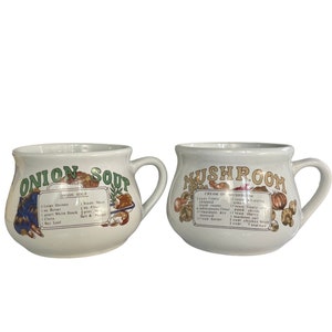 Vintage Soup Recipe Mug Bowl with Handle – Mushroom or Onion Soup – 1970s Retro Kitchen Decor – Sold Individually – Soup Lover Gift