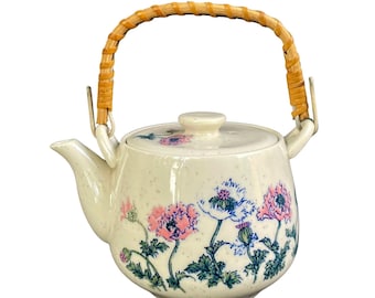 Vintage Toyo Japan Stoneware Teapot – Speckled Beige with Peony Floral Design – Wicker Tulip Handle