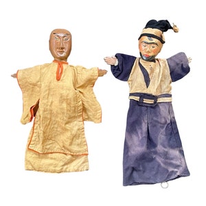 Antique Marionette Hand Puppets Set of 2 – Wooden Heads and Fabric Bodies – Vintage Collectible Decor – Asian & Bearded Man