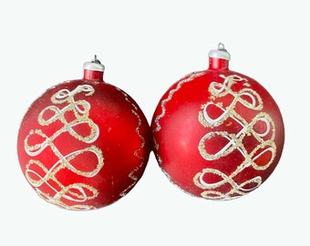 Juego de 2 adornos navideños de cristal vintage – Rojo y dorado con purpurina, 8,25 cm (3,25 pulgadas)