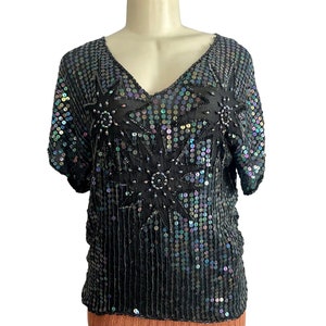 Vintage 70s Black Silk Sequin Blouse by Sarafino – Made in India – Size L – Retro Party Top – Hand Beaded Evening Blouse - READ DESCRIPTION