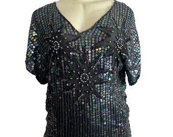 Vintage Silk Sequin Blouse in Black by Sarafino – Made in India – Size L – 1970s Party Top – Hand Beaded Evening Blouse - READ DESCRIPTION