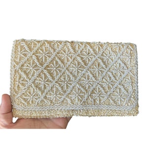 Vintage 1960s Du Barry Beaded Clutch – Handmade in Hong Kong – Ivory White Midcentury Evening Purse – Beaded Satin Handbag