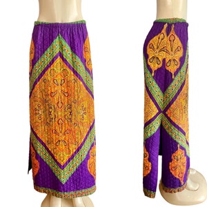 Vintage Quilted Skirt | 1970s Loomtogs Bohemian Maxi, Purple Orange Green, Size S/M