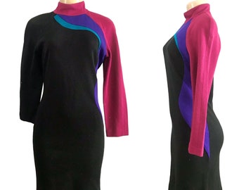 Vintage 1980s Dress by Christine Jaguin Color Block Wiggle Black sz M 80s 90s Bodycon High Neck Long Sleeve Fashion dress retro gift.