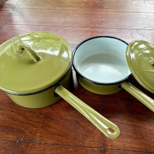 Vintage WESTEN BASSANO Enameled Pot in Sage Green with Handle Lid and Blue Interior in Made in Italy RARE 1960s Kitchen Pan Decor gift.