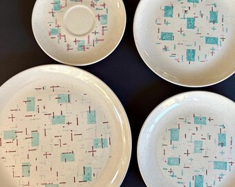 Mid Century Modern Plates | Red Blue Orange Geometric Pattern Home