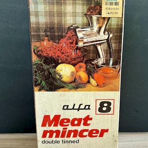Vintage Meat Mincer / Grinder Deluxe Set by Alfa 8 – Double Tinned, Original Box, Made in Poland - Missing Stuffing Funnel