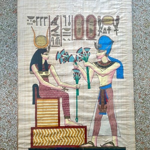 Vintage Egyptian Papyrus Painting XL – LArge Authentic Hand-Painted Ancient Egypt Wall Art 35x24&quot; – Pharaoh God Decor Gift