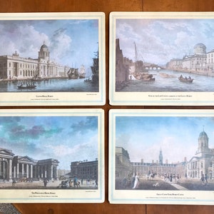 ZELDZAME set van 4 James Malton Dublin-kunstafdrukken op melamine | Vintage onderzetters, onderzetters of decoratie | Iers architectuurcadeau