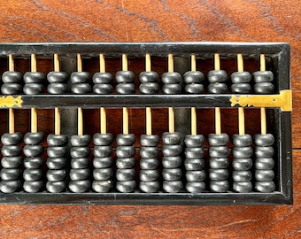 Vintage Chinese Abacus – 13-Digit Suanpan, Black Wood with Brass Flower Rods