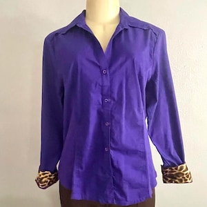 Vintage Cathy Daniels Purple Blouse • 80s Retro Animal Print Detail Shirt • Long Sleeve Cotton Mix Top Size L • Leopard Collar & Cuffs