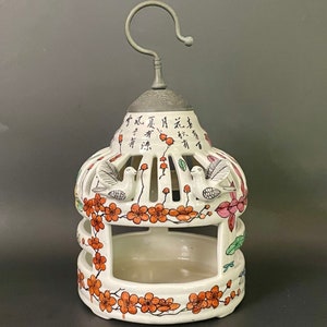 Vintage Chinese Ceramic Bird Cage Decorative Candle Holder with Brass hanger READ DESCRIPTION Chinoiserie decor Floral China Asian gift.