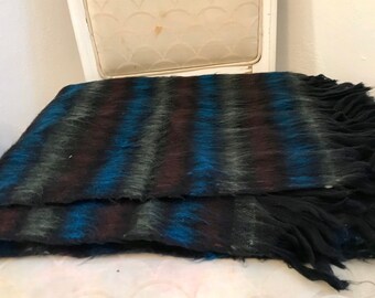 Vintage Felted Wool Throw with Fringe ends in Black blue green & red Long Blanket, vintage Wool Rug Bed Runner Wall Hanging carpet.