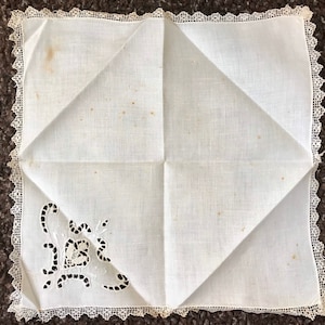 Antique Embroidered Wedding Handkerchief, Cutout Lace Edge, Ivory Beige, 11.5"