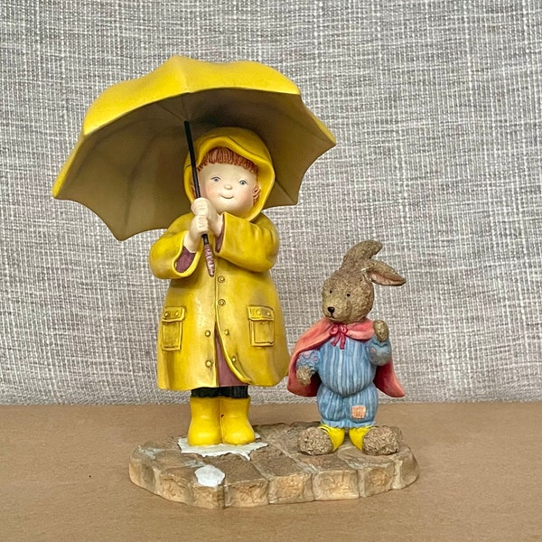Sarah and Chester 1st Edition Vintage Figurine by Special Friends featuring the Art of Sherri Baldwin 1998 Umbrella Girl Bunny decor gift.