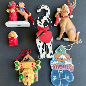 Vintage Dog Christmas Ornaments and Decor Lot of 6 – Hallmark 1994, Wooden Dalmatian, Clay Dog House, Holiday Decor