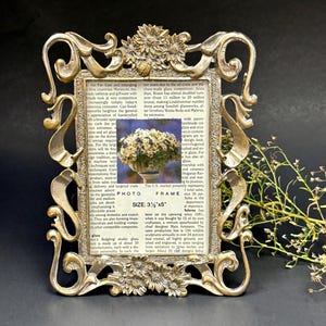 Vintage Ornate Metal Picture Frame with rectangular window & Floral decorations - Antique style heavy metal frame decor gift.