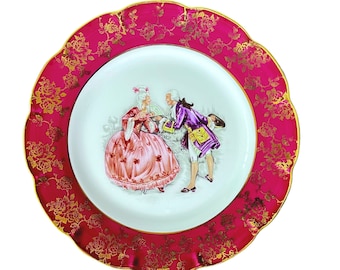 ヴィンテージ、リモージュマーク、磁器、王冠、赤い小皿、庭のカップル