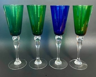Copas de champán vintage con tallos ornamentados – Juego de 4 – Copas verde bosque y azul cobalto