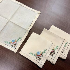 Vintage Hand Embroidered Linen Napkins – Set of 4 – 9 7/8” Square – Floral Corner Design – Table Linens - Tea Table Decor