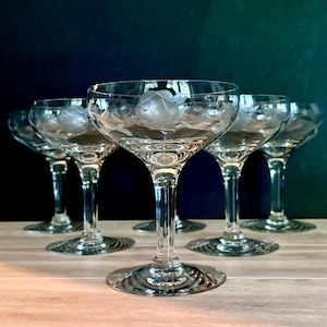 Vintage Champagne Coupes Set of 6 – Etched Rose & Leaves Design, 4.5” Tall Crystal Stemware