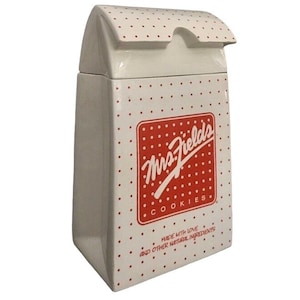 Large Vintage Mrs. Fields Ceramic Cookie Jar – Paper Bag Shape, Red Polka Dots, Retro Kitchen Decor