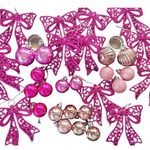 Vintage Pink Christmas Ornaments – Lot of 33 Shatterproof Baubles & Glitter Bows – Retro Holiday Decor