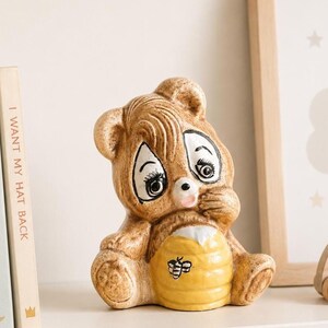 Vintage Pottery Bear with Honey Pot – Signed Ceramic Bear Figurine – 5” Tall