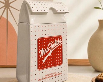 Large Vintage Mrs. Fields Ceramic Cookie Jar – Paper Bag Shape, Red Polka Dots, Retro Kitchen Decor