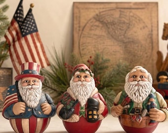 Vintage Scioto Santa Figurines: Uncle Sam, Santa Toymaker, Old World Santa - 1990s Ceramic Roly Poly Style