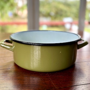 Vintage WESTEN BASSANO geëmailleerde pot in saliegroen met handgrepen en blauw interieur - Made in Italy - ZELDZAME keukenpan uit de jaren 60