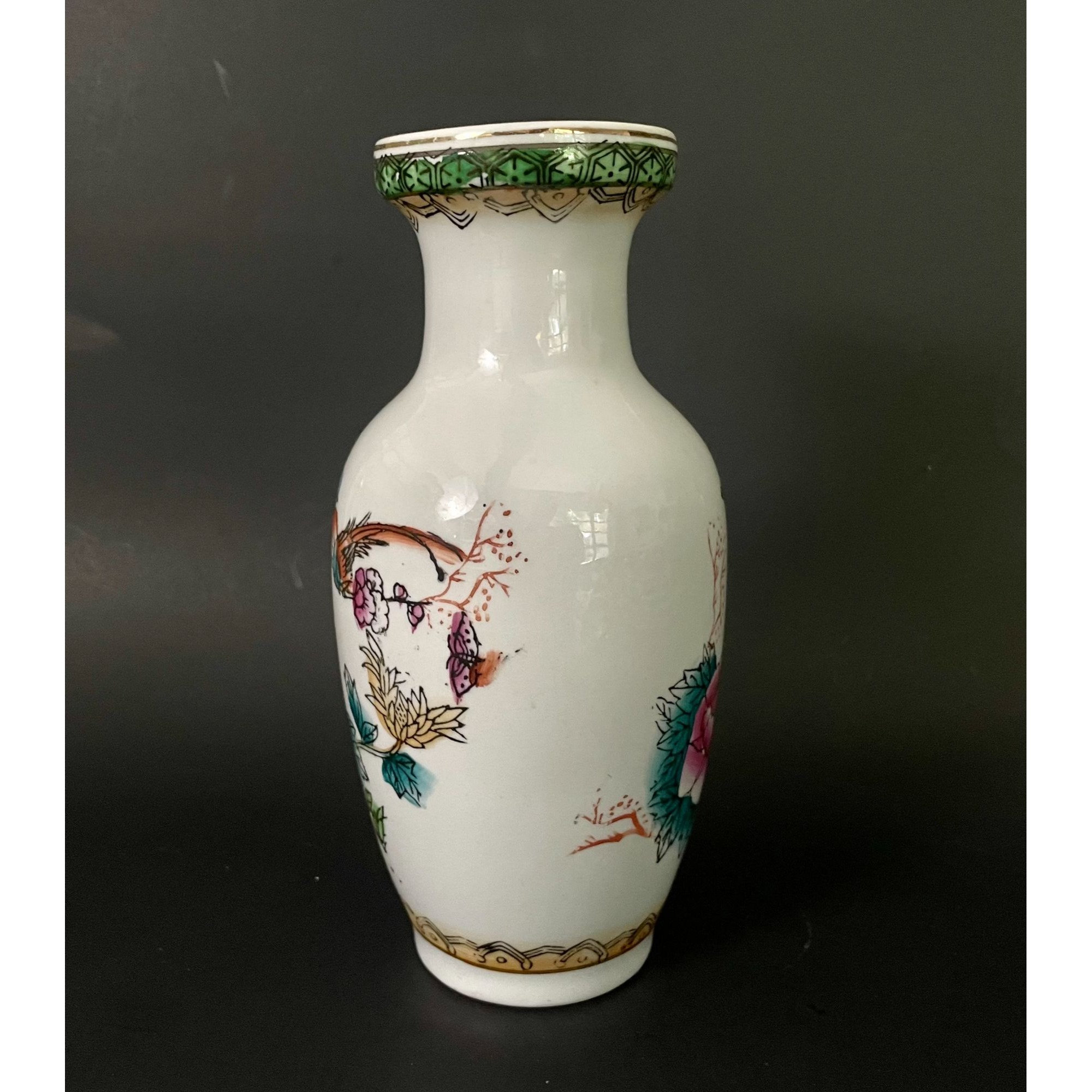 鳥と花が描かれたヴィンテージ中国製花瓶 - アジア風装飾磁器瓶 - 高さ