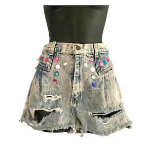 Vintage 1980s Denim High-Waist Cut-Off Shorts by Chance, Rhinestone Detail, XXS XS, Cheeky Frayed Beach Shorts, Retro Style