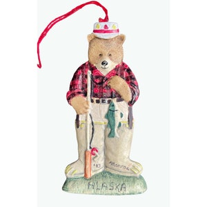 Vintage Monroe Alaska Signed Fishing Bear Ornament | Standing Bear Christmas Keepsake | Souvenir Gift for Dad