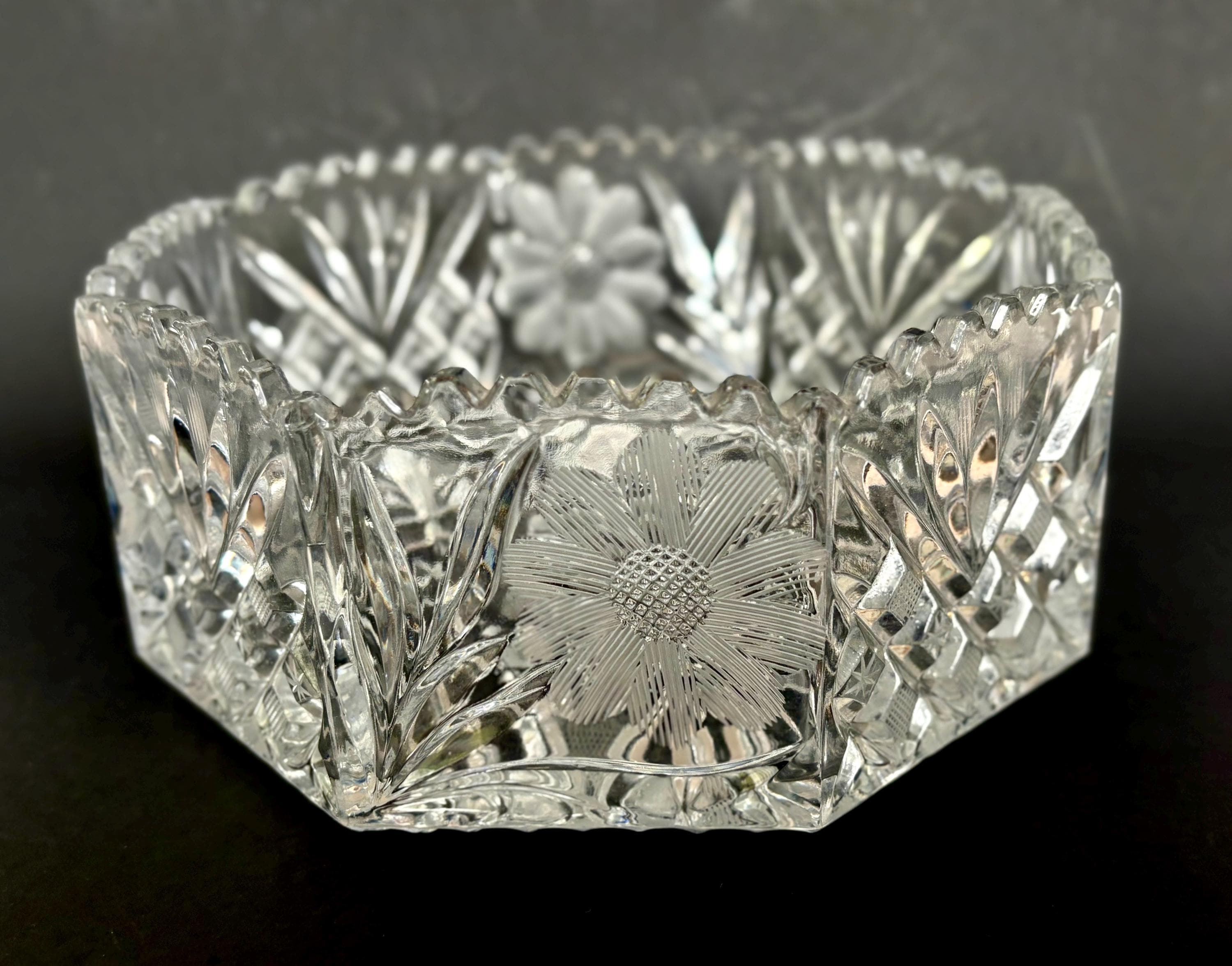 Vintage Octagonal Cut Glass Crystal Bowl Large – Etched Floral Design - Crystal Centerpiece