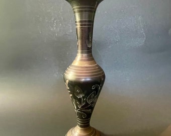Vintage Engraved Metal Bud Vase with Black enamel India brass bud vase bohemian brass decor black accent bookshelves decor gift home.