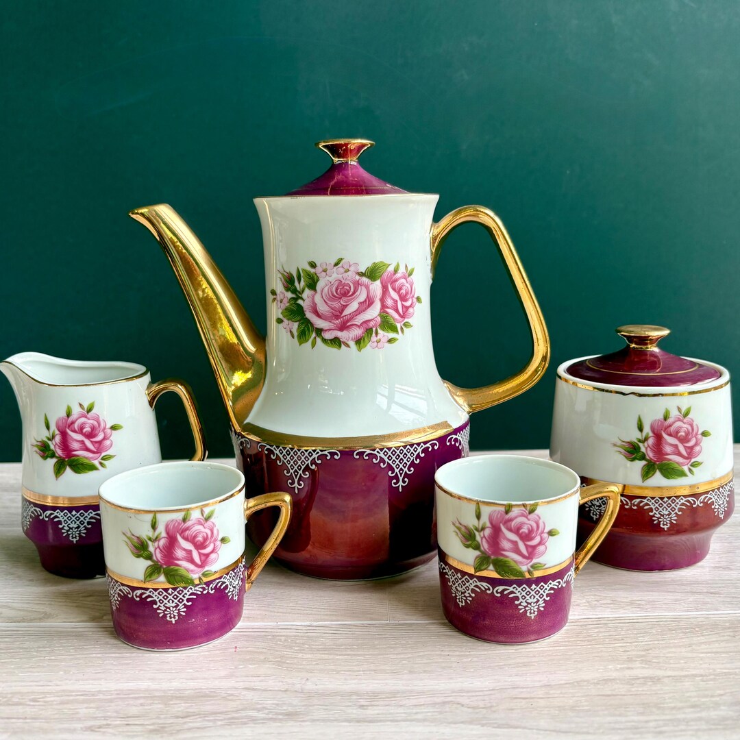 Vintage Coffee Set With Iridescent Purple & Gold Details by Vandel