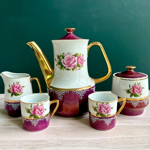 Vintage Coffee Set With Iridescent Purple & Gold Details by Vandel