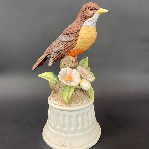 Vintage Porcelain Music box with Robin Bird & Flowers plays the song The Way We Were collectible retro music box bird figurine decor 1980s.