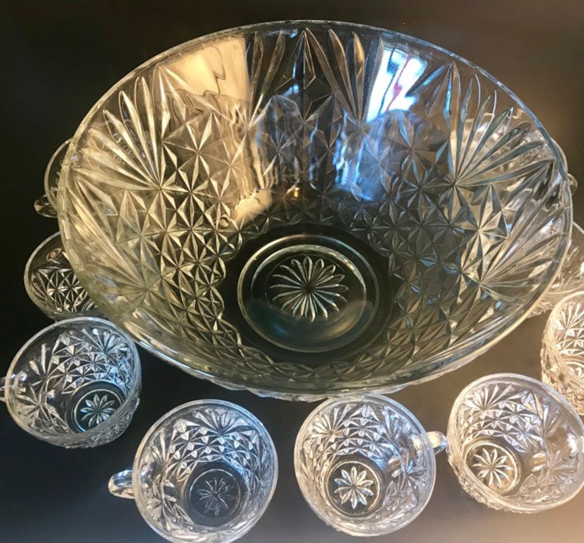 Large Vintage Cut Glass Punch Bowl & 9 Cups Set Anchor Etsy