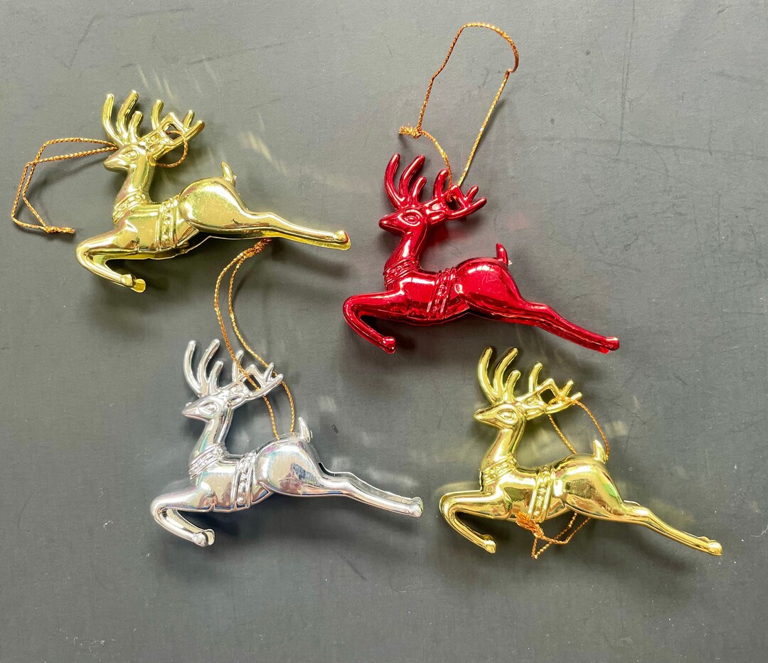 Vintage Deer Ornaments Set of 4 in Gold Red Silver Reindeer Chirstmas Decor, Retro Deer