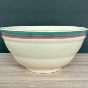 Vintage Pfaltzgraff Mixing Bowl – Juniper Pattern Stoneware, 1990s Green & Mauve Striped Ceramic Bowl, 8&quot; Diameter, Serving Bowl
