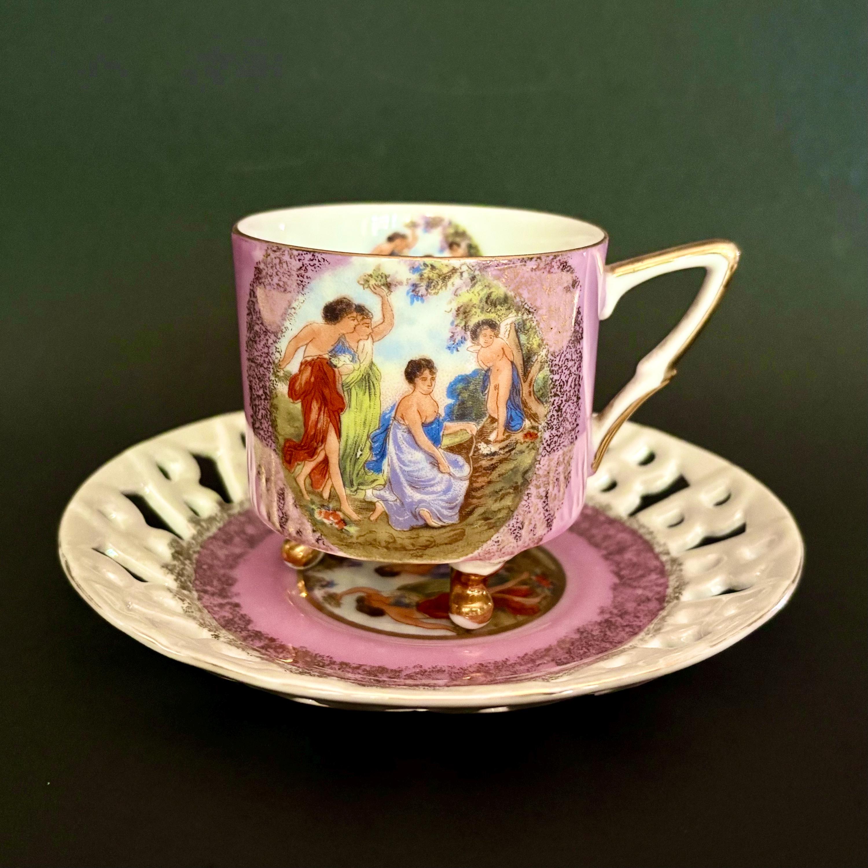 Vintage Royal Halsey Teacup & Saucer: Gilded Pastoral Scene
