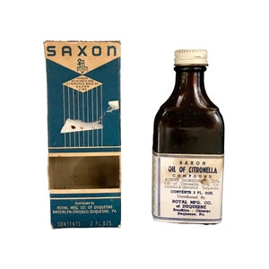 Vintage Saxon Oil of Citronella Apothecary Bottle 2 oz with Original Box – 1950s Pharmacy Collectible Medicine