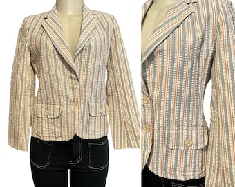 Vintage 1960s Crop Blazer Jacket by CG & Company Striped blue Size 6 midcentury 60s mod fashion women short jacket textured size small.